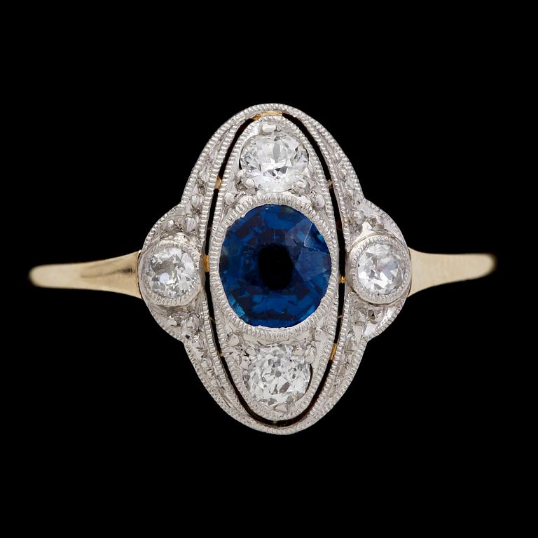 RING, blå safir med antikslipade diamanter, tot. ca 0.35 ct.