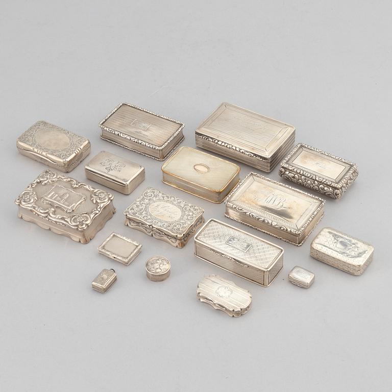16 silver boxes, including Nathaniel Mills, Birmingham, 1825, John Lint, London, 1816, and Charles Cooke, 1908.