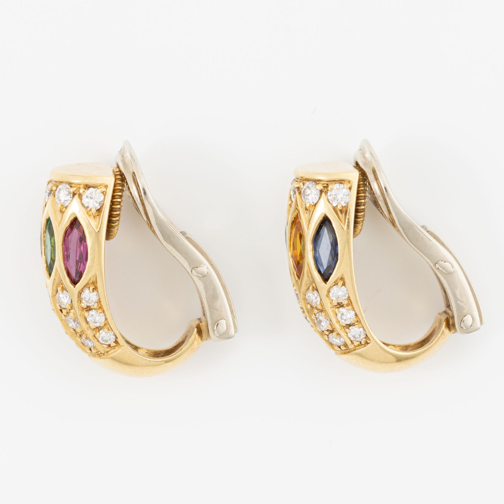 Earrings, 18K gold with diamonds, sapphires, emeralds, rubies, and citrines.