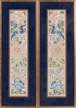 A pair of Chinese silk embroideries, late Qing dynasty, circa 1900.