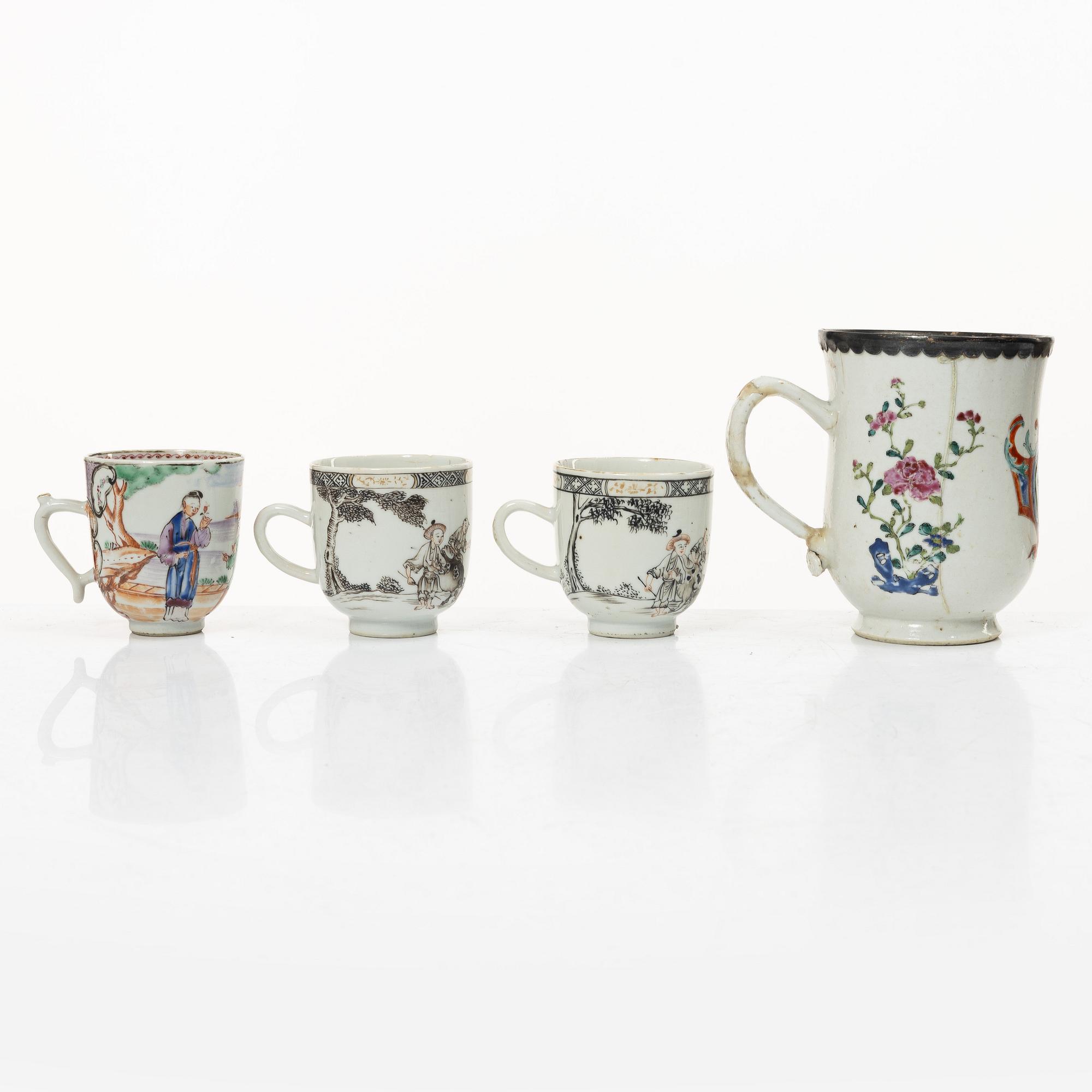 A collection of cups, saucers and teapots, China, Qing dynasty, mostly 18th century.