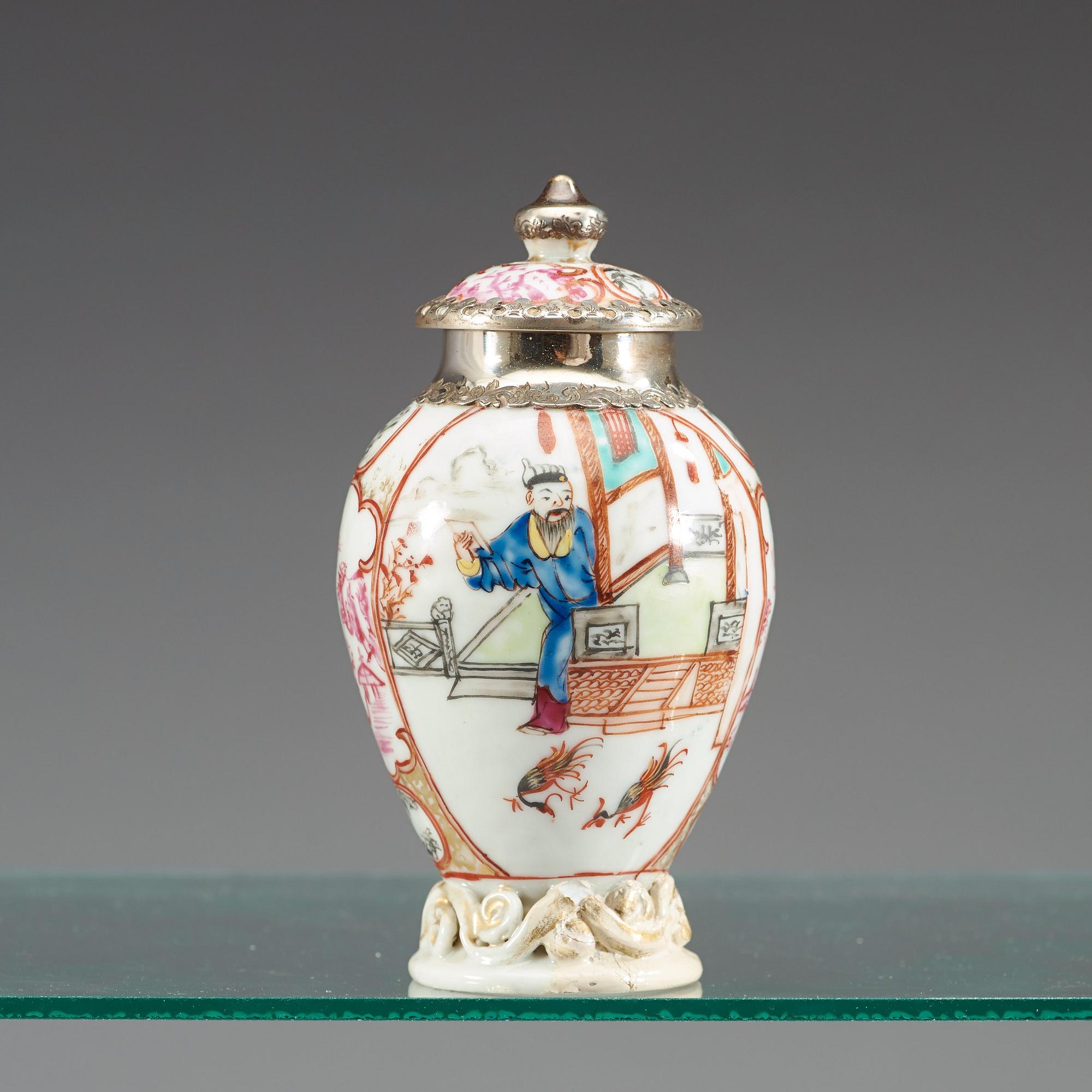 A 12 piece famille rose tea service, with later Dutch Silver mounts, Qing dynasty, Qianlong (1736-95).
