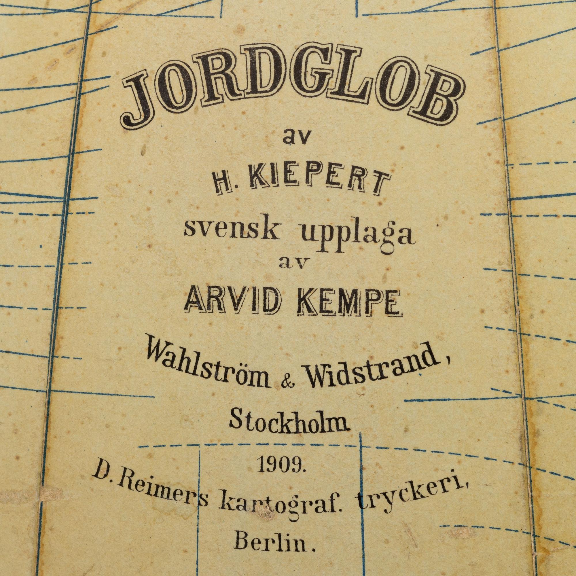 A globe by H.Keipert & ARvid Kempe, Wahlström & Widstrand, Stockholm, Sweden, 1909.