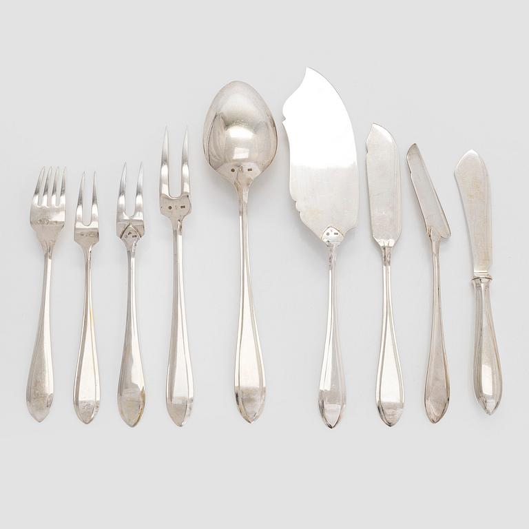 Fish cutlery and serving utensils, totally 37 pieces, silver, Czechoslovakia, 1950s.