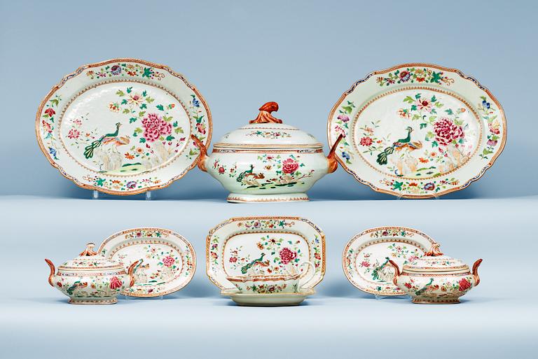 A famille rose "double peacock" part dinner service. Qing dynasty, Qianlong (1736-95).
