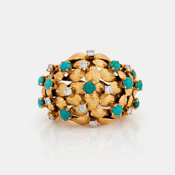 769. A RING set with turquoises and round brilliant-cut diamonds.