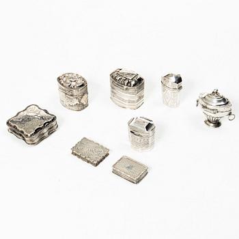 Dosor, 8 st, silver, Holland och England, mestadels 1800-tal.