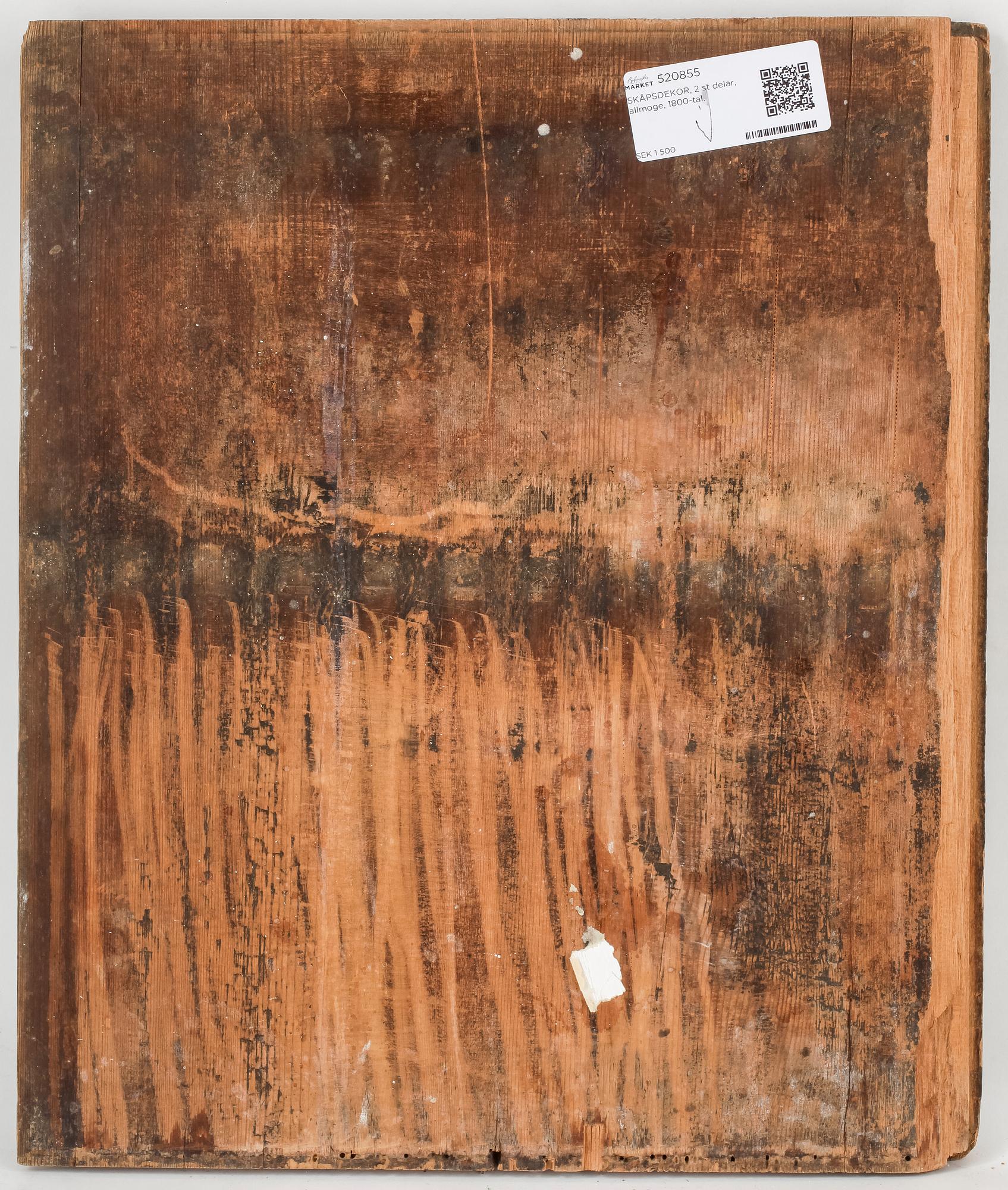 SKÅPSDEKOR, 2 st delar, allmoge, 1800-tal.