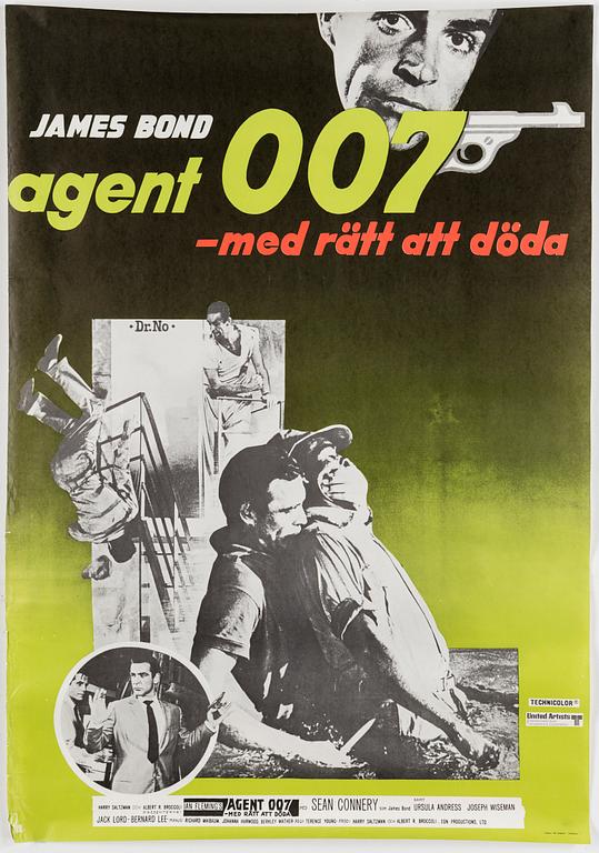 FILMAFFISCH, offset, James Bond "Agent 007 med rätt att döda", United Artists, Tryckeri AB Småland, Jönköping, 1962.