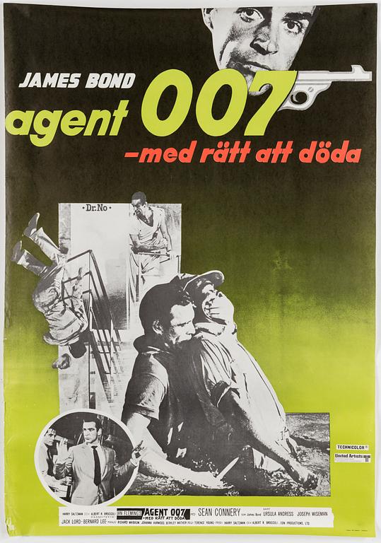 A James Bond movie poster, offset, 'Agent 007 med rätt att döda' ('Dr No'), United Artists, Tryckeri AB Småland, 1962.