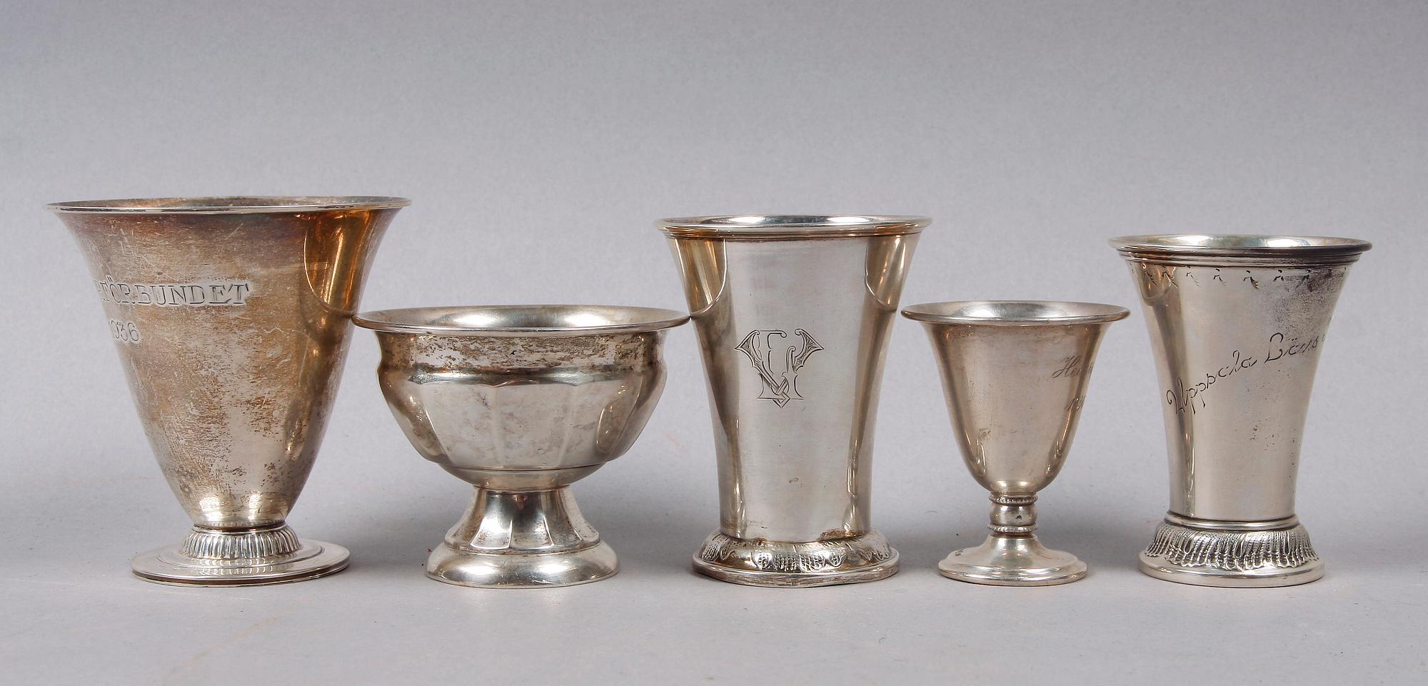 BÄGARE, 5 st, silver, Sverige bla GAB, 1900-talets första hälft.