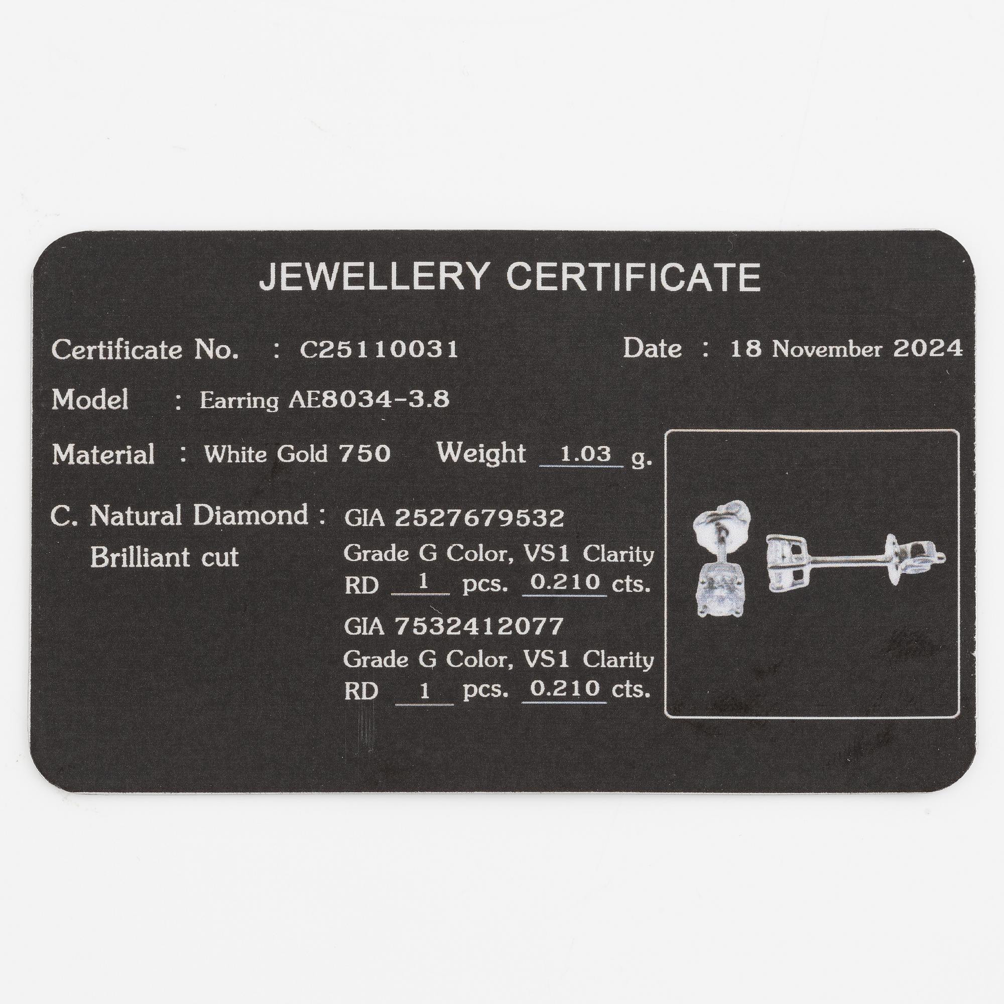 Earrings 18K white gold with brilliant-cut diamonds, accompanying GIA dossier.