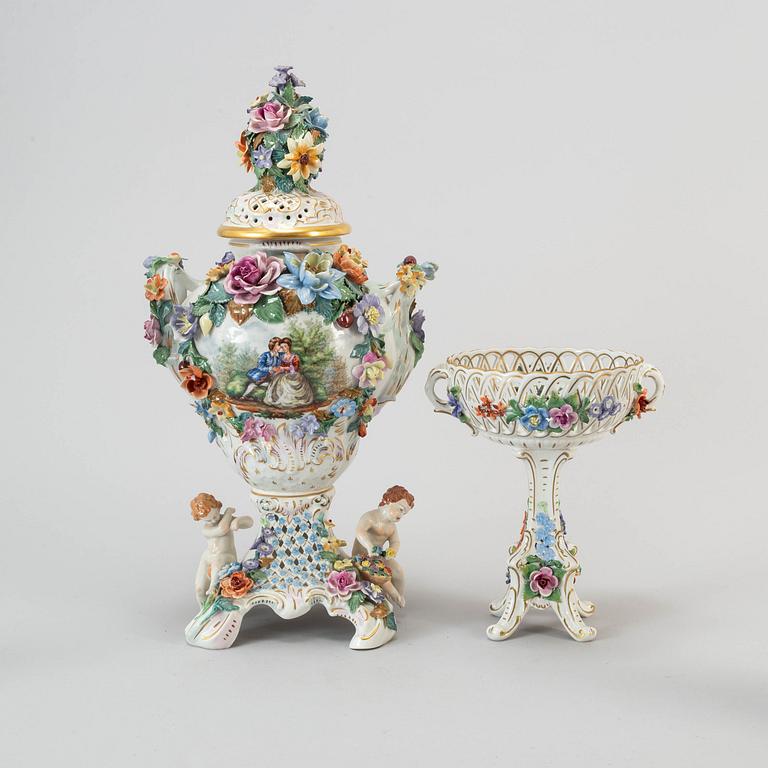 An six piece assembled porcelain garniture, Dresden, mid 20th century.