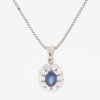 Hänge med kedja 18K guld med en safir och runda briljantslipade diamanter.