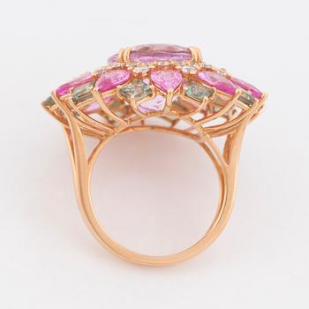 Kunzite, pink and green sapphire and brilliant  cut diamond cocktail ring.