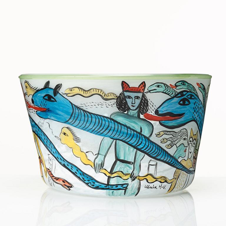 Ulrica Hydman-Vallien, a unique painted glass bowl, Kosta, Sweden 1980’s.