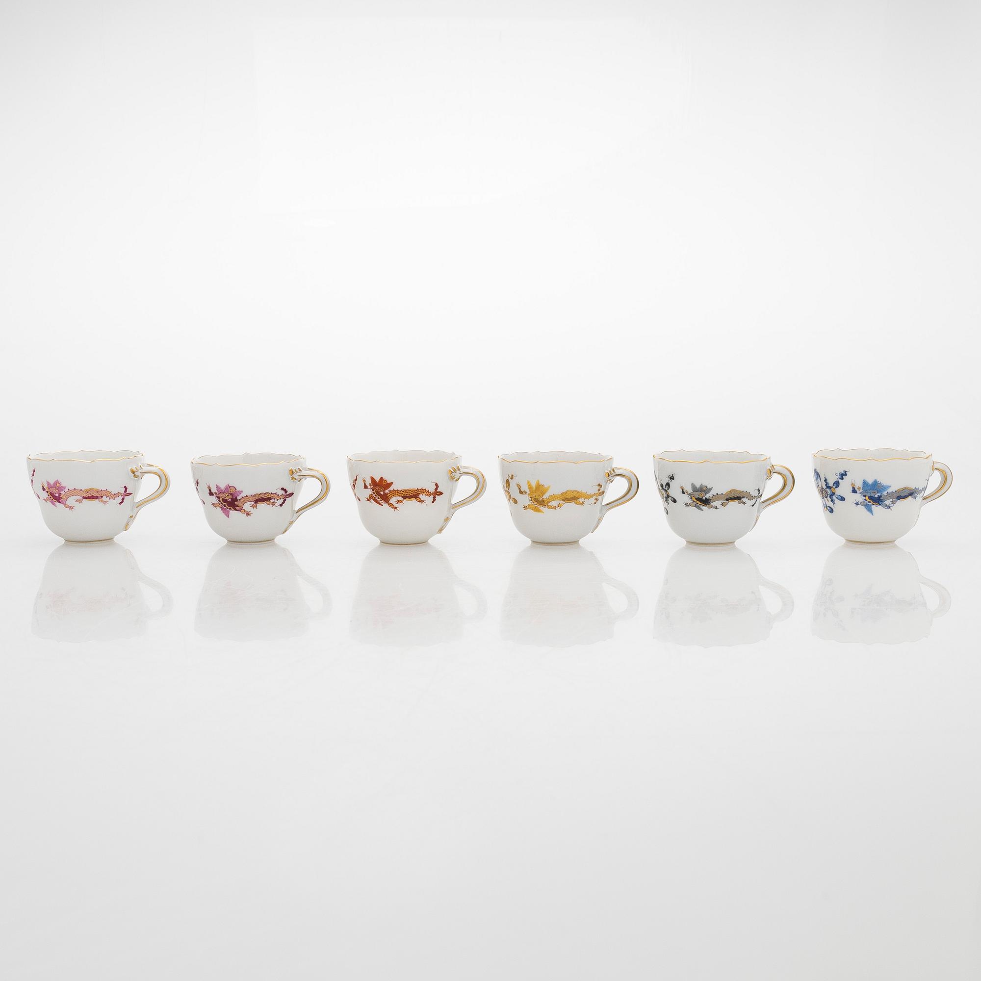 Meissen, a 6-piece set of porcelain demitasse coffee cups with saucers, "Rich Court Dragon", 20th century.