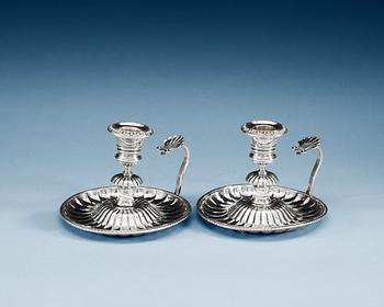 831. A PAIR OF SWEDISH SILVER CHAMBER CANDLESTICKS, Makers mark of Adolf Zethelius, Stockholm 1832.