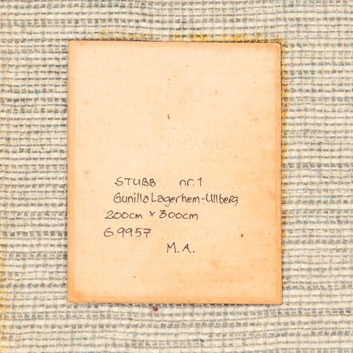 Gunilla Lagerhem-Ullberg, matta "Stubb nr 1" Kasthall ca 300x200 cm etikettmärkt.