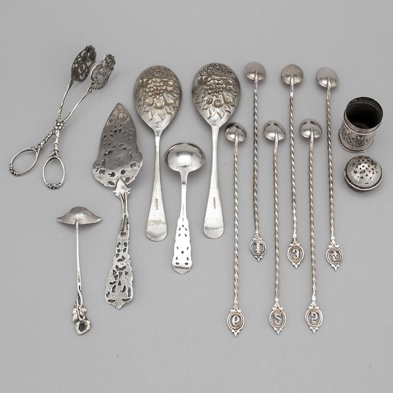 A Victorian silver salt shaker marked Birmingham 1897 and a collection of silver (3) and plate (9) flatware.