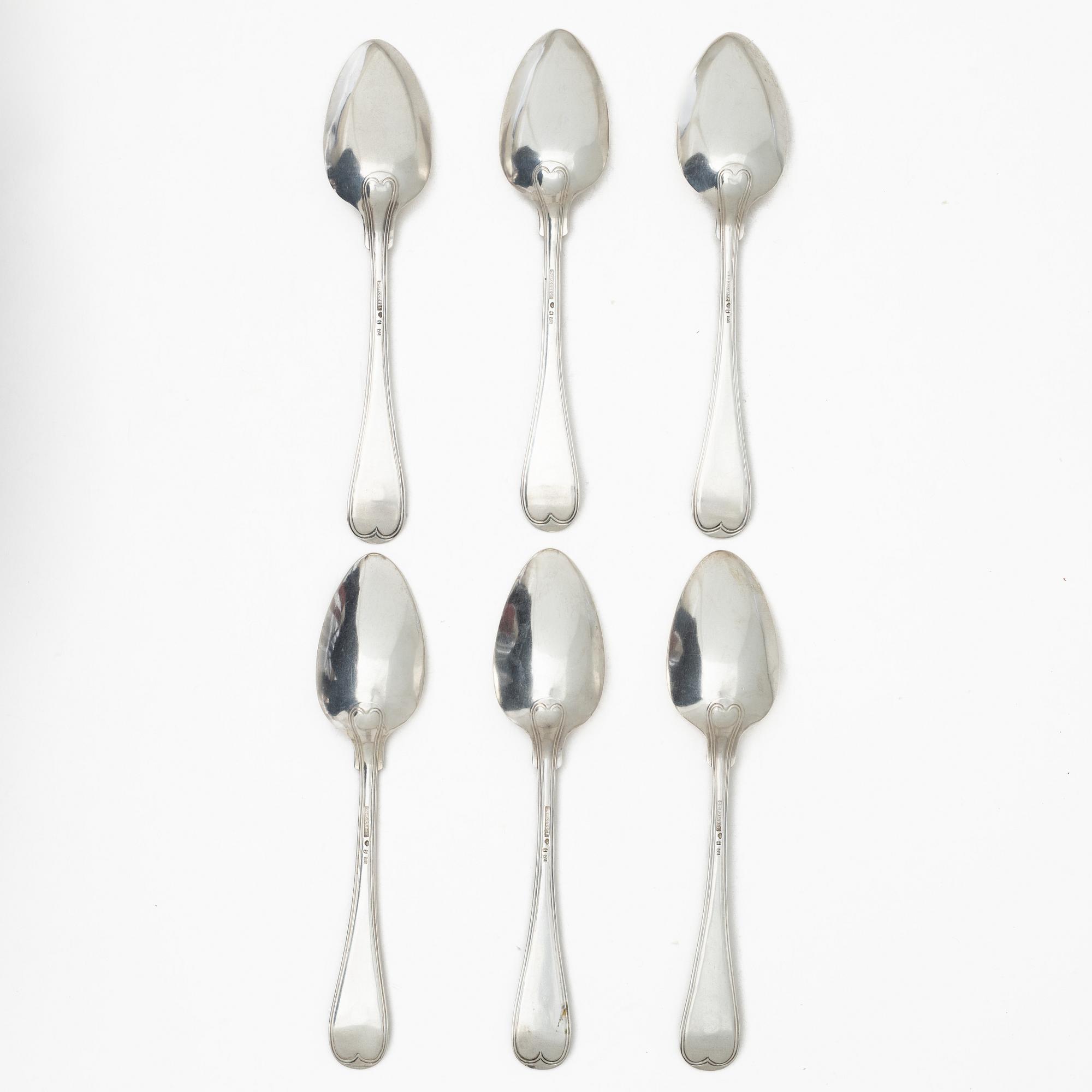 Gustaf Theodor Folcker, Six Swedish silver spoons, mark of Gustaf Theodor Folcker, Stockholm 1863.
