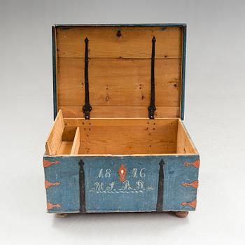 A folk art painted pine chest from Hälsingland, dated 1846.