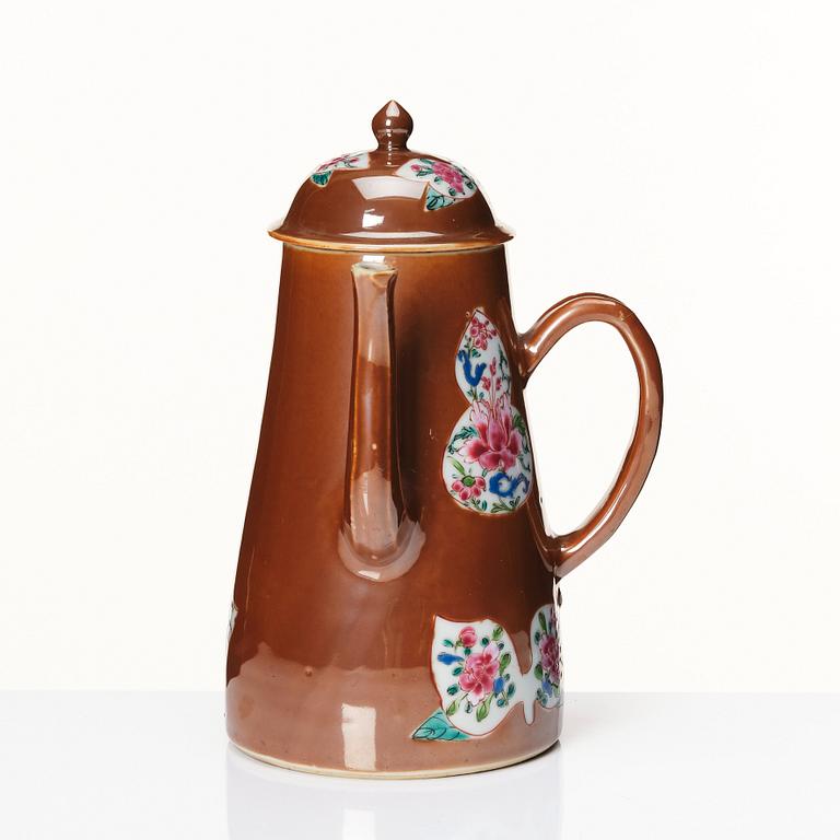 A cappuciner brown and famille rose coffee pot with cover, Qing dynasty, 18th Century.