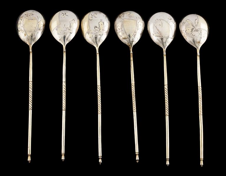 A set of six Russian silver tea spoon, Moscow the 1880s.