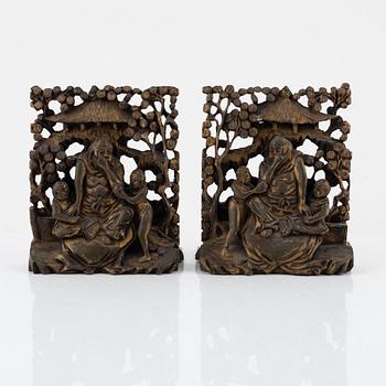 Two book ends made from Chinese wooden deocrative ornaments, early 20th Century.