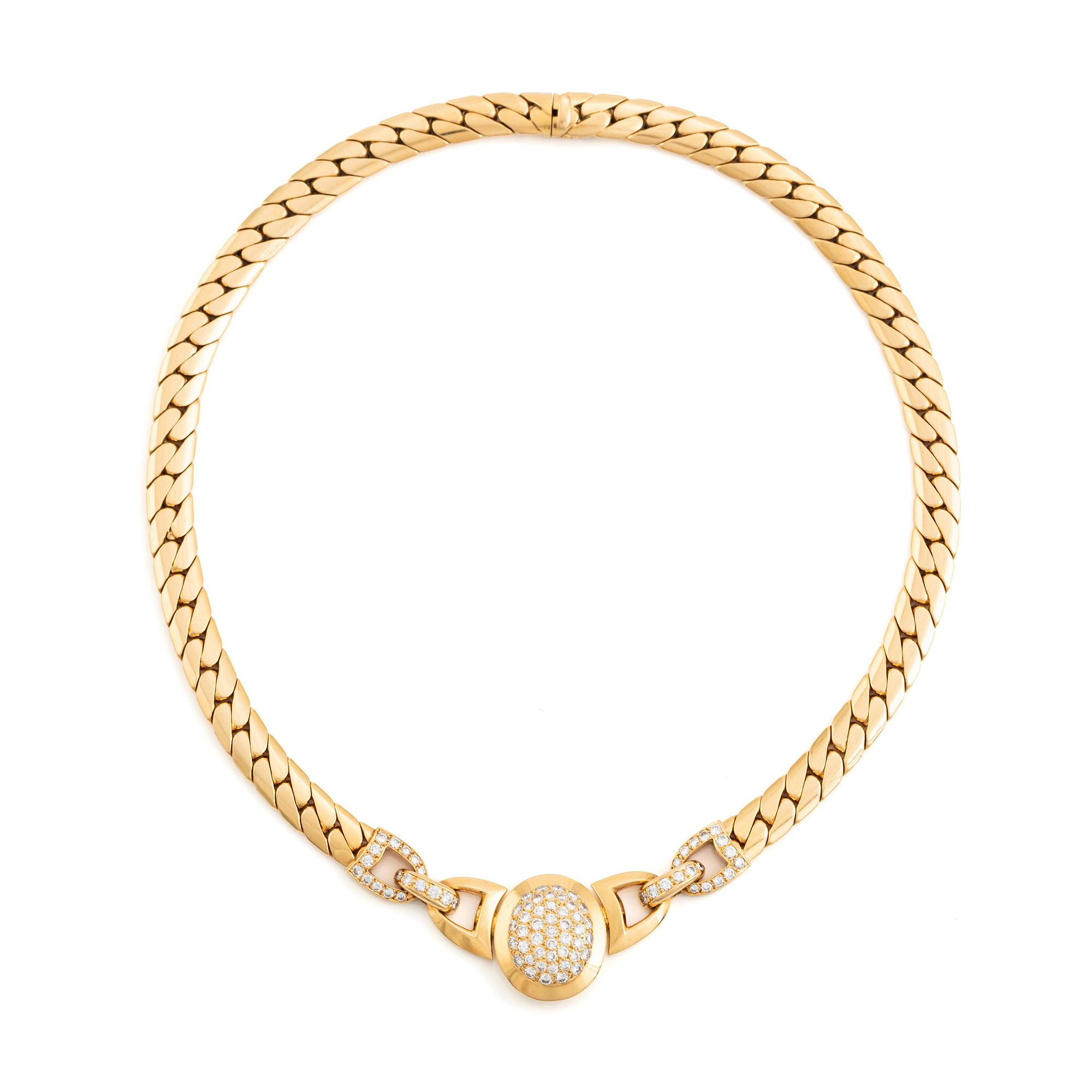 A Cartier 18K gold necklace set with round brilliant-cut diamonds.