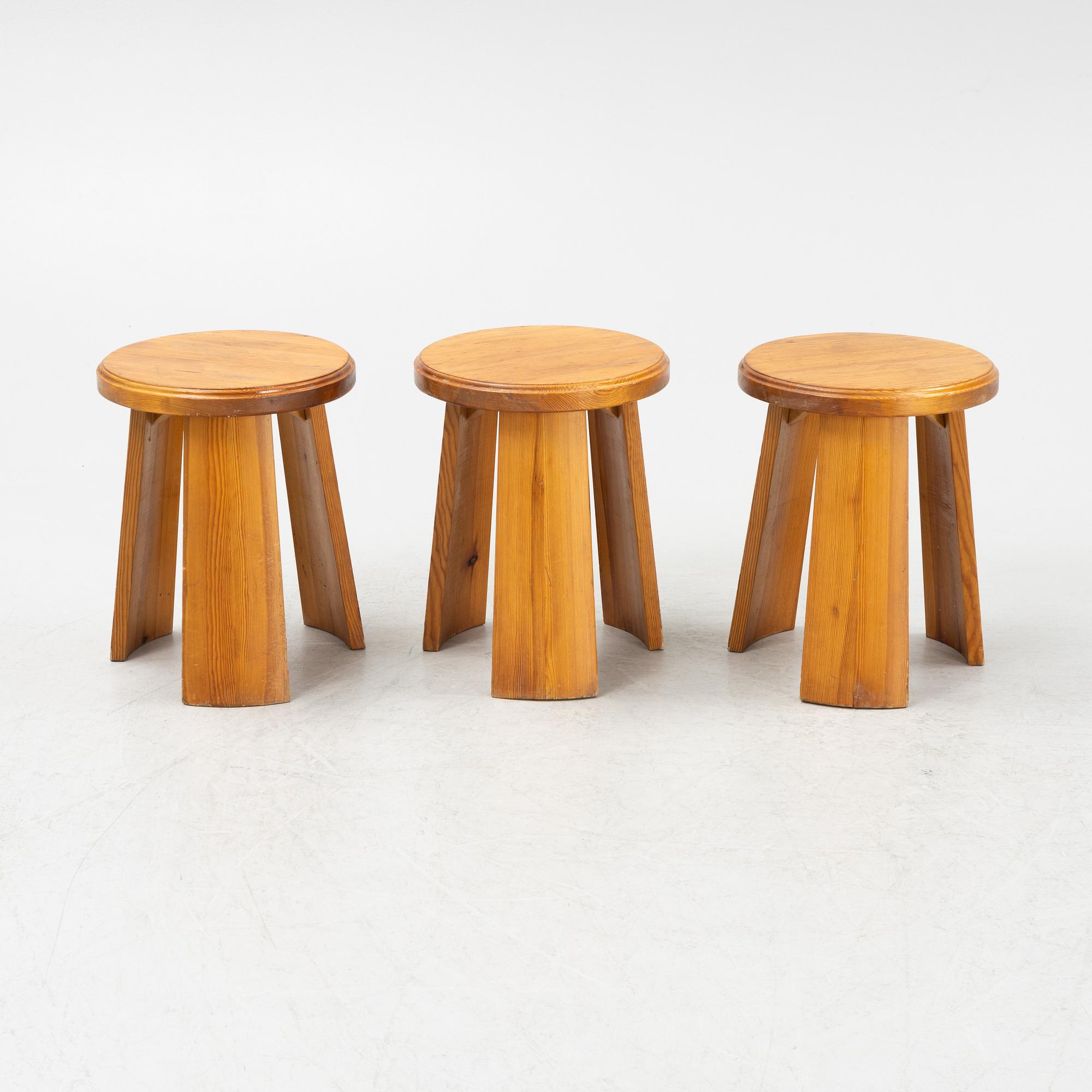 Three pine stools, mid 20th century.