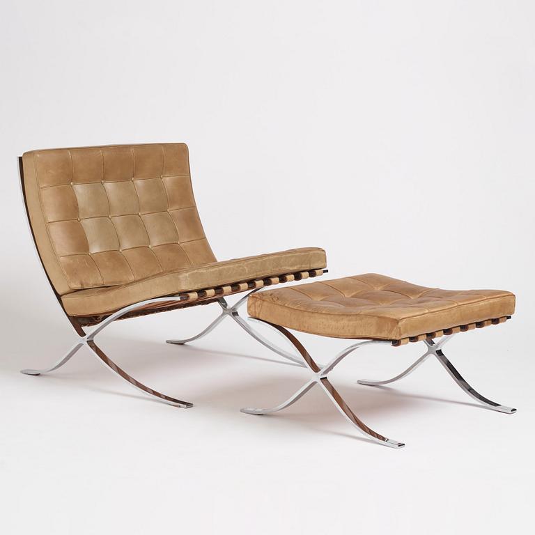 Ludwig Mies van der Rohe, fåtölj med fotpall, "Barcelona", Knoll, 1970-tal.