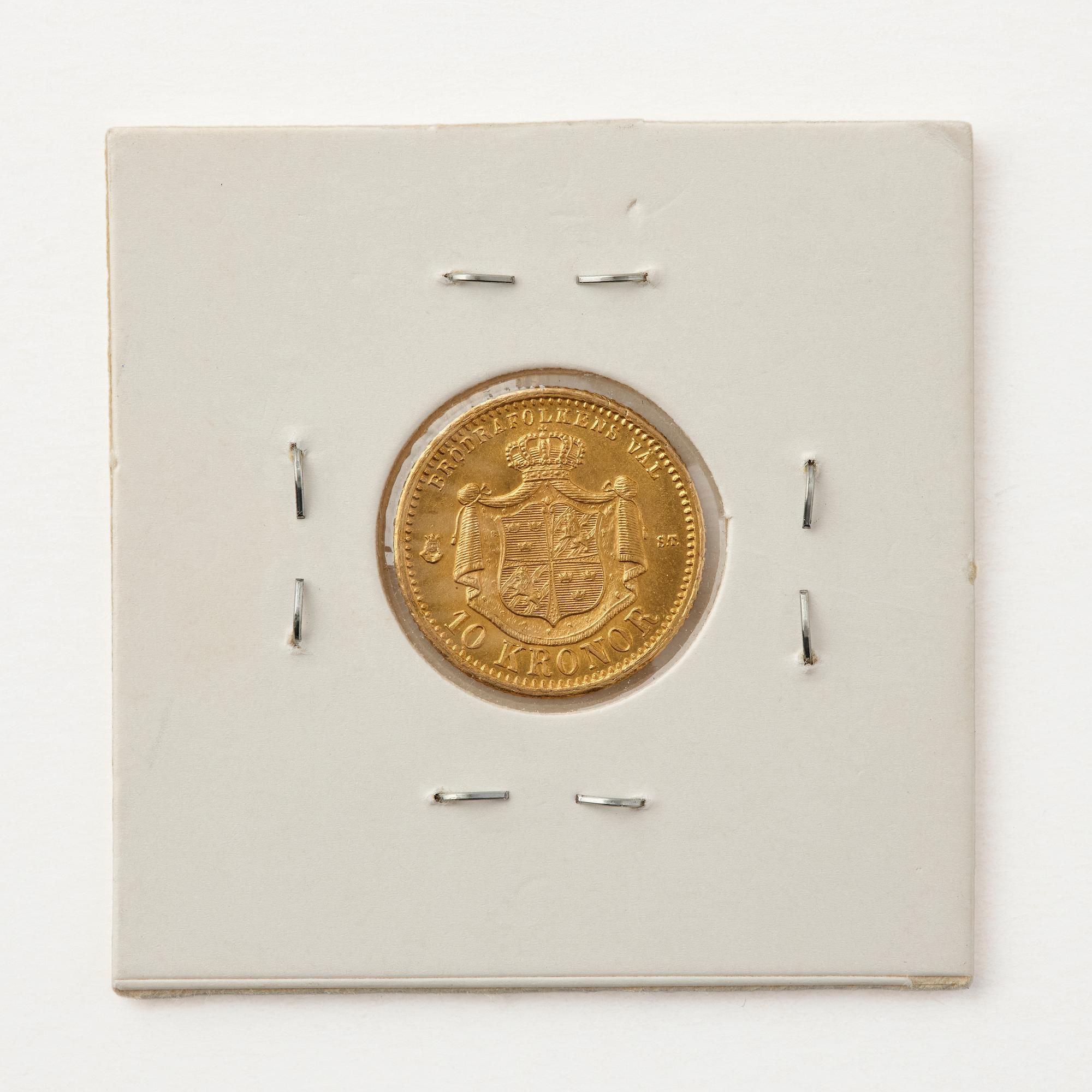 Gold coin, Oscar II, Sweden. 10 kronor, 1874.