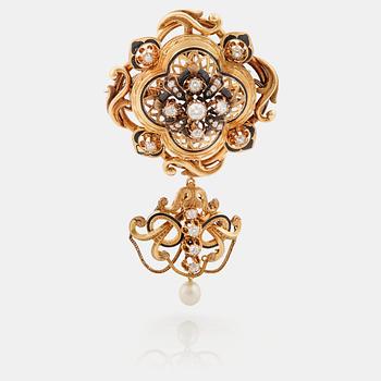 890. A probably natural pearl, enamel and old-cut diamond brooch by Gustaf Möllenborg, Stockholm. Second half of 19th century.