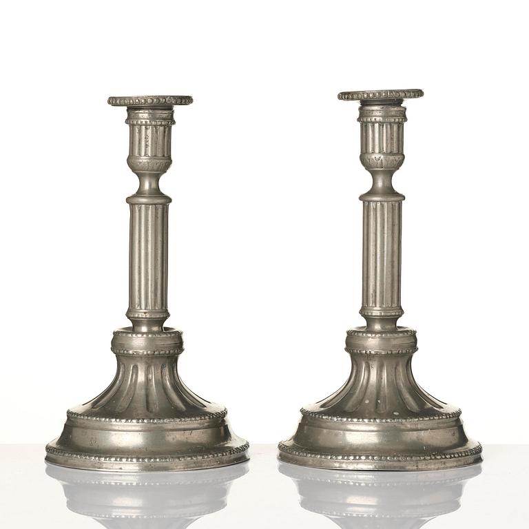 A pair of Gustavian pewter candlesticks by P. Gillman, Stockholm 1786.