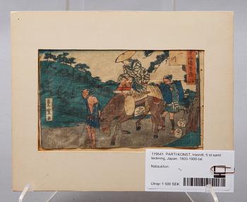 PARTI KONST, träsnitt, 5 st samt teckning, Japan, 1800-1900-tal.