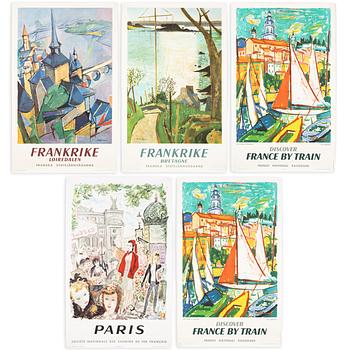 Five vintage posters, French National Railroads SNCF, Paris, France, 1959–62.