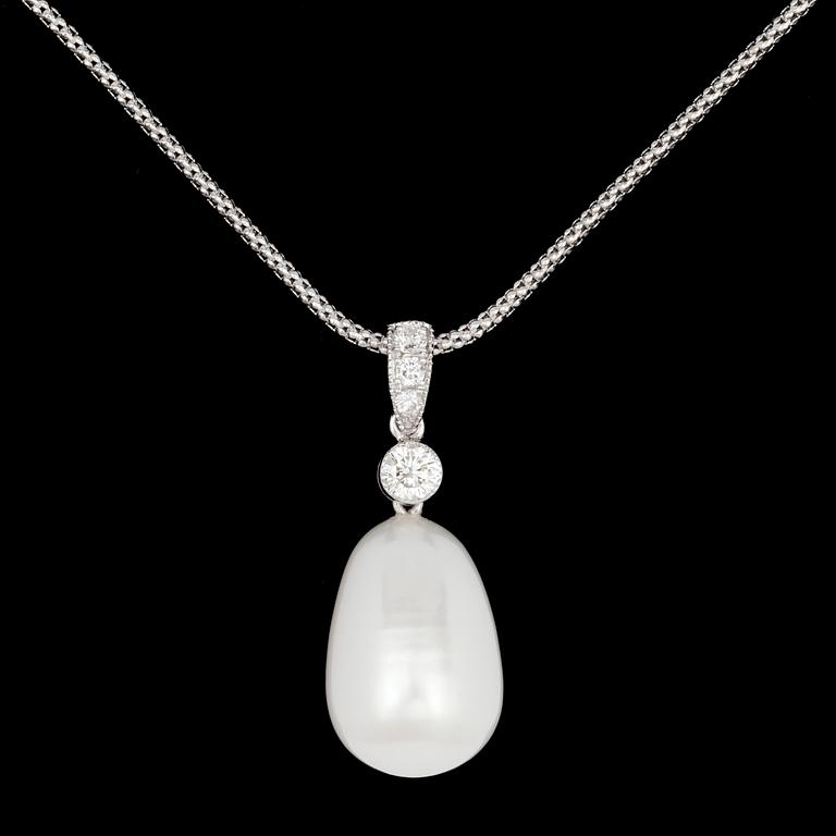 A cultured fresh water pearl and brilliant cut diamond pendant, tot. 0.25 cts.