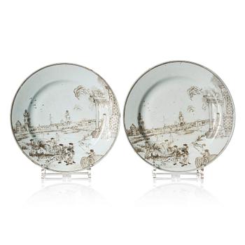 A pair of European Subject grisaille dishes, Qing dynasty, Qianlong (1736-95).