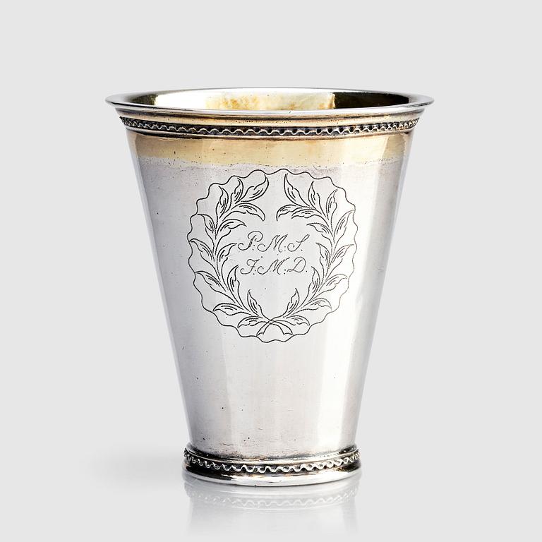 A Swedish early 18th century parcel-gilt silver beaker, mark of Caspar Cron, Malmö 1716.