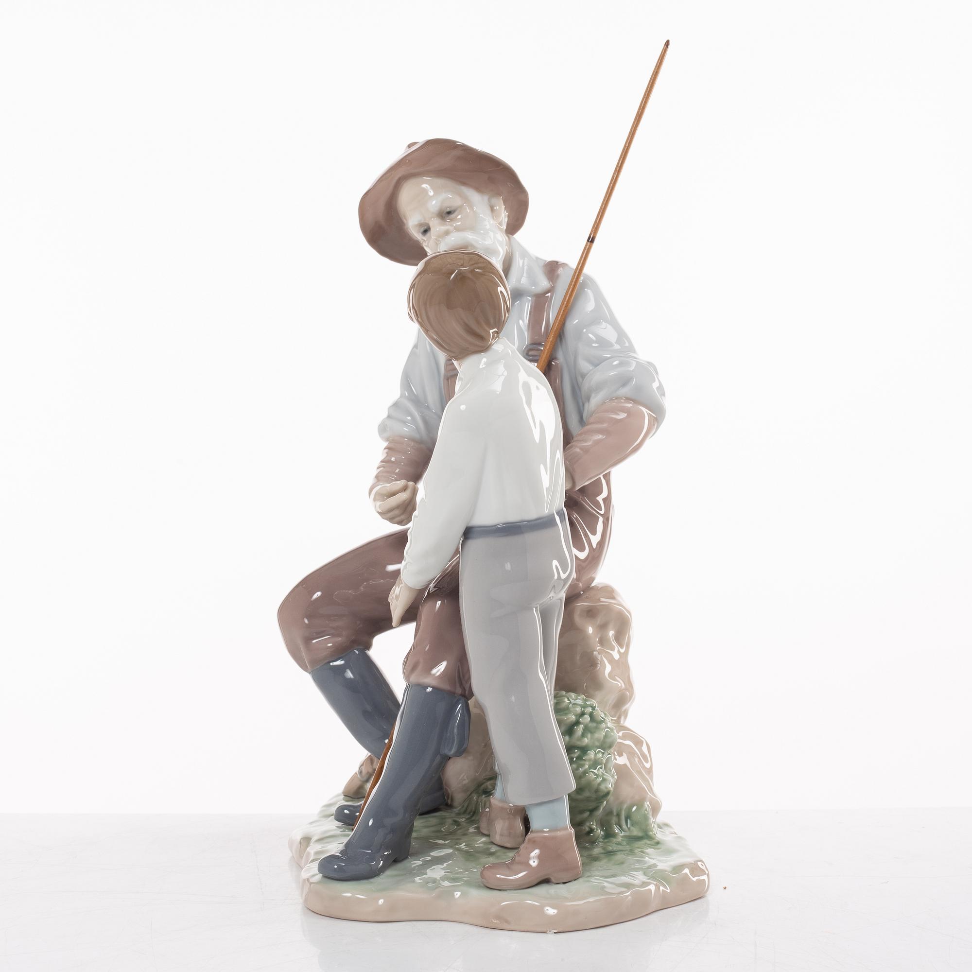 Lladro, two figurines, Salvador Furió, "A fishing lesson", and José Puché, "Fishing with gramps", Spain.