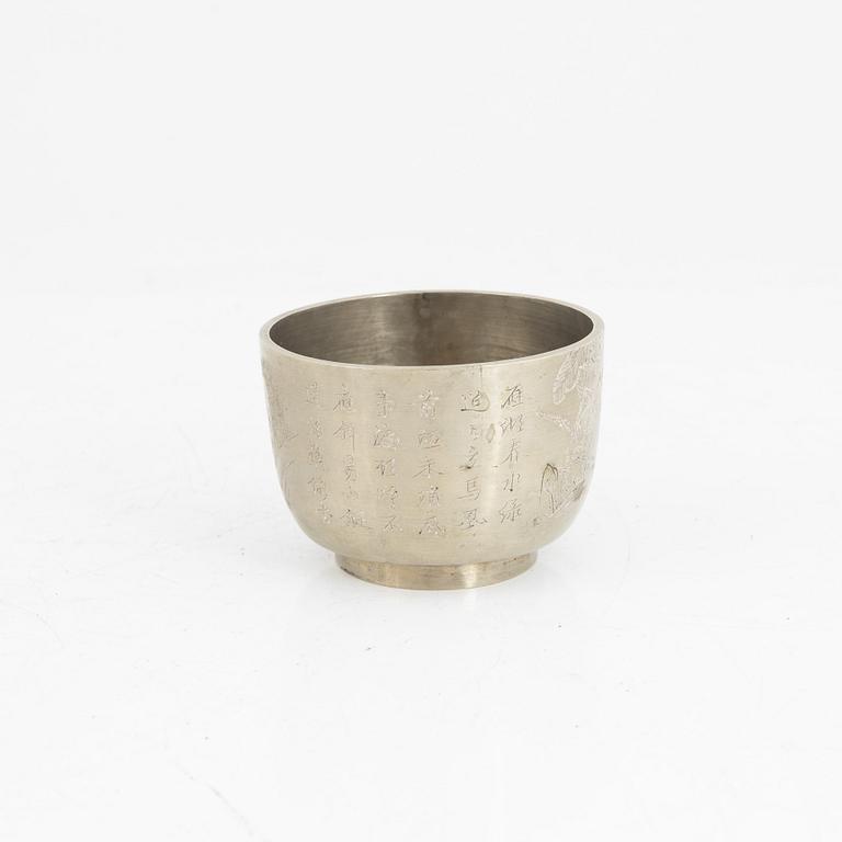 A stone placque and a metal cup, late Qing dynasty.