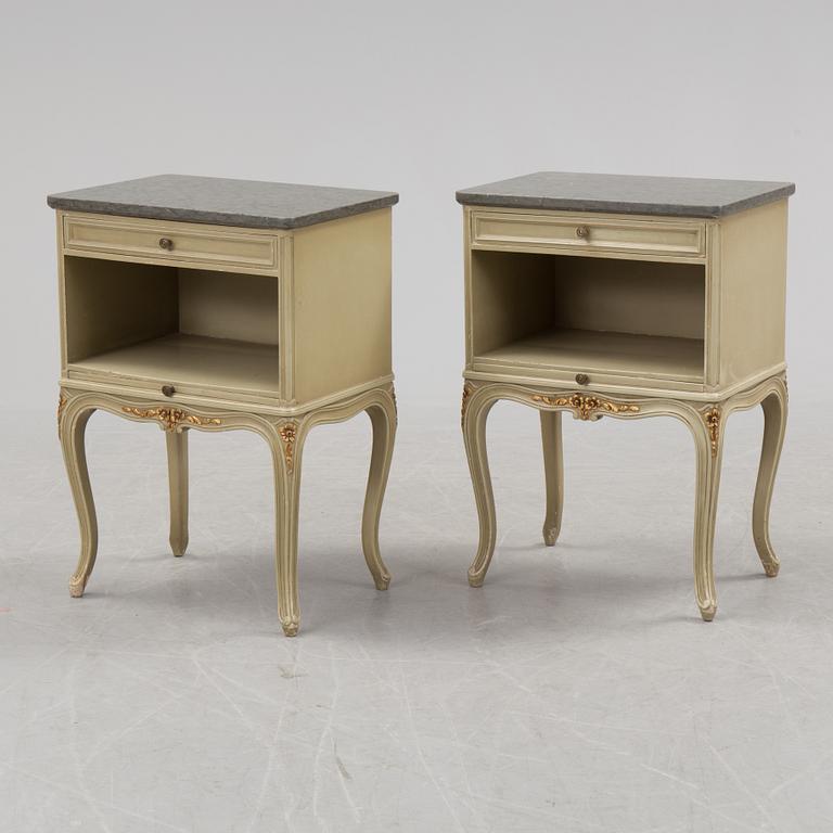 A mid 20th century Rococo style dressing table, a pair of bedside tables and one stool.