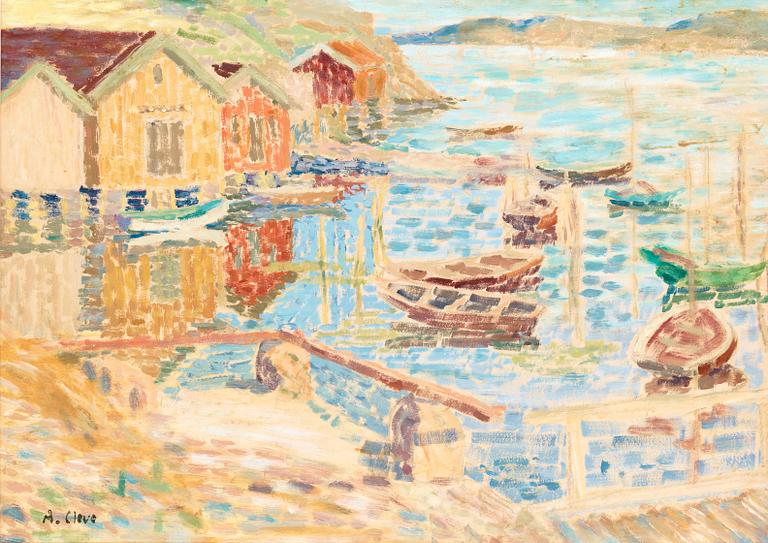 Agnes Cleve, "Sjöbodar och båtar" (Boathouse and boats).