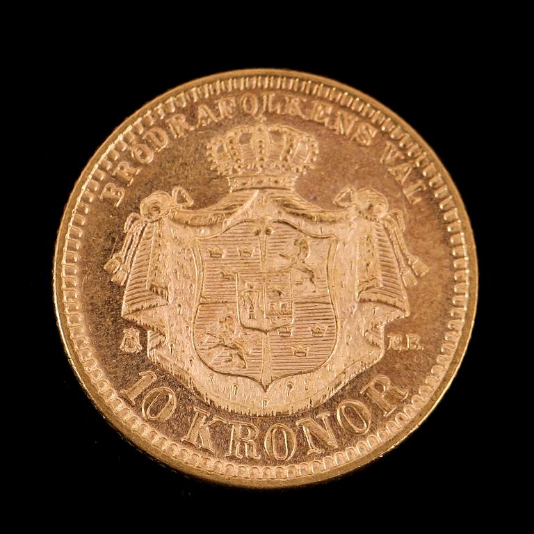 GULDMYNT, 10 kronor, Oscar II, 1894.  Vikt ca 5 gram.