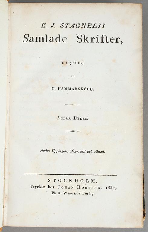 E.J. STAGNELIUS, Samlade Skrifter, 1-3, L. Hammarsköld, Stockholm 1830-33.