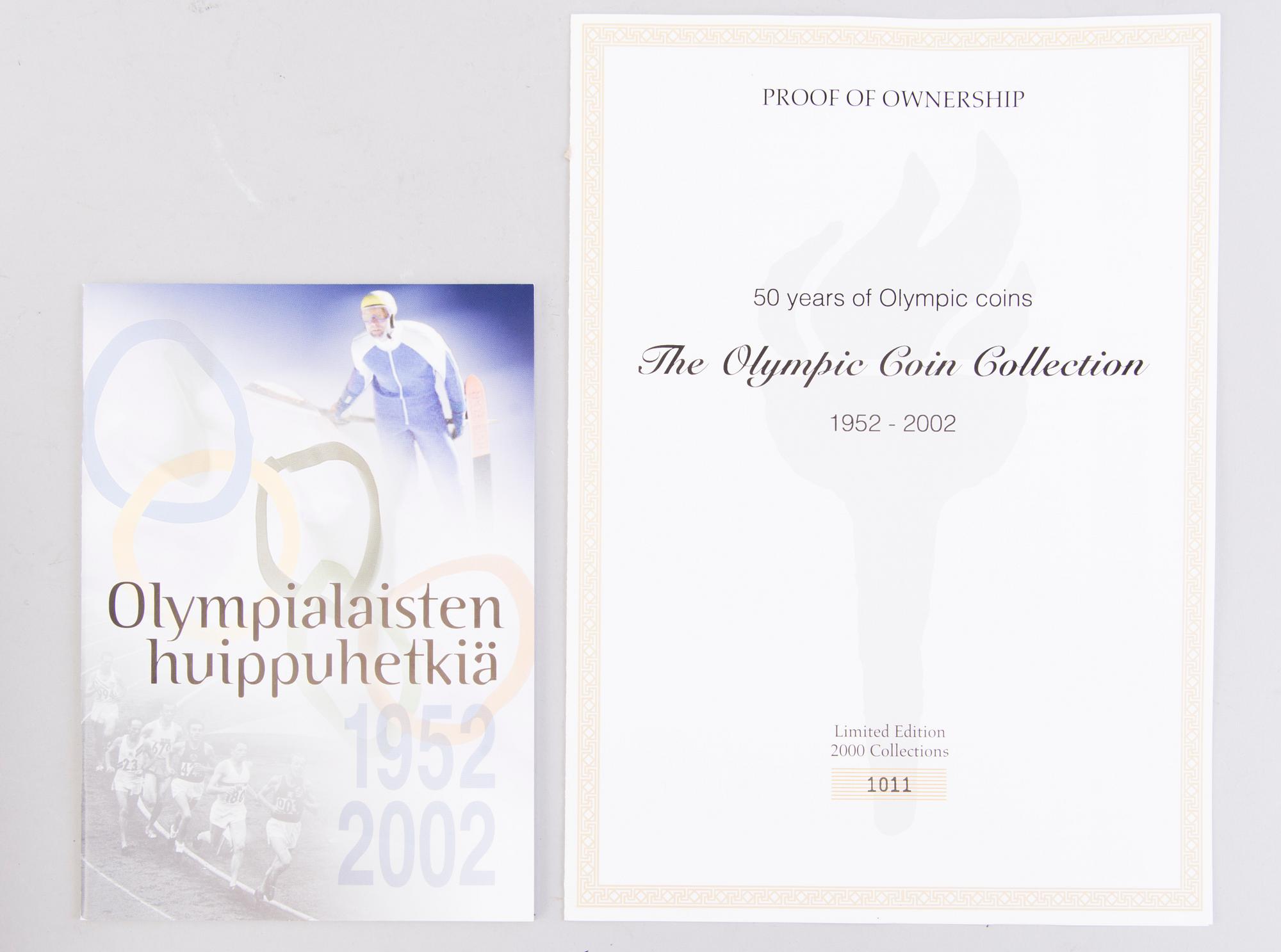 Set of Olympic coins, 21 pcs, partly silver, Olympic Coin Collection 1952-2002 boxed set and Athens 2004.