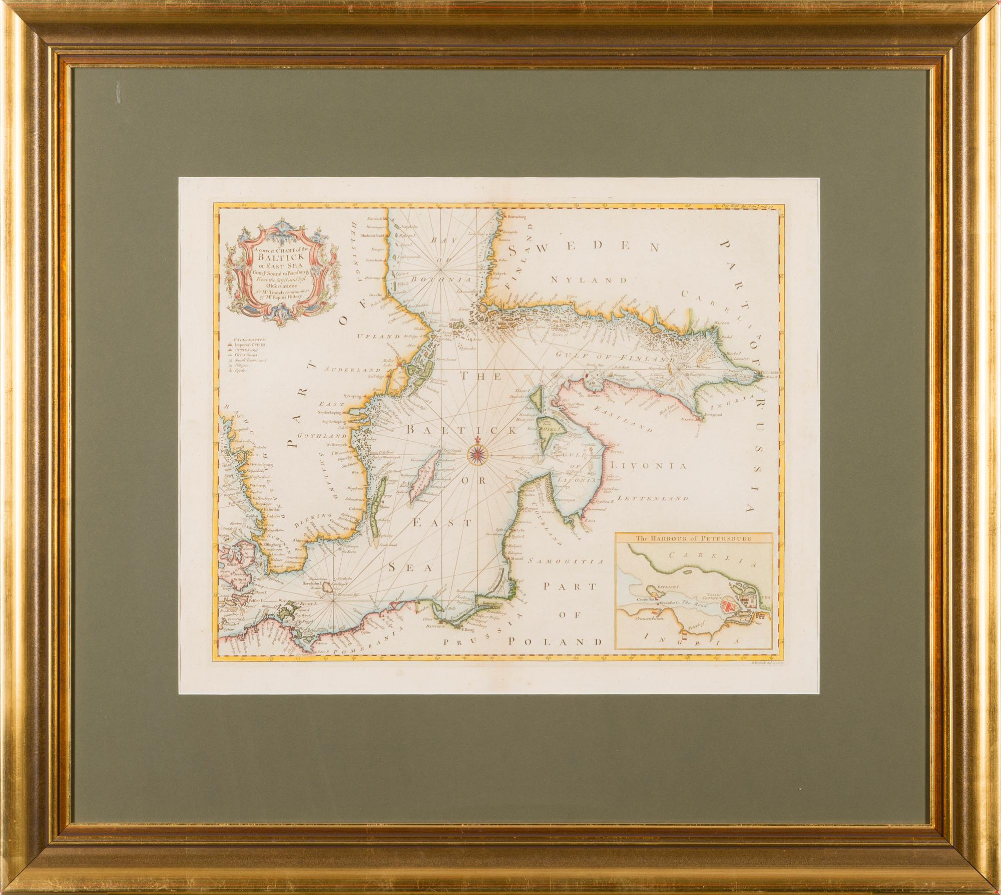 SJÖKORT, handkolorerat kopparstick, Nicholas Tindal (1687-1774) & Paul de Rapin (1661-1725), London cirka 1760.