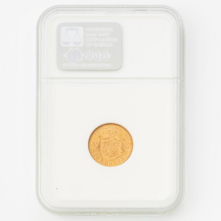 Gold coin, Oscar II, 10 kronor, type I, Sweden 1874/73.