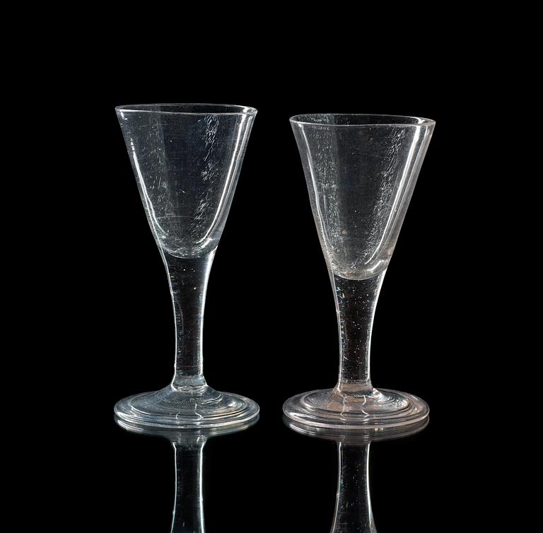 A set of six wine goblets, 18th Century, presumably by Kungsholm's glass manufactory.